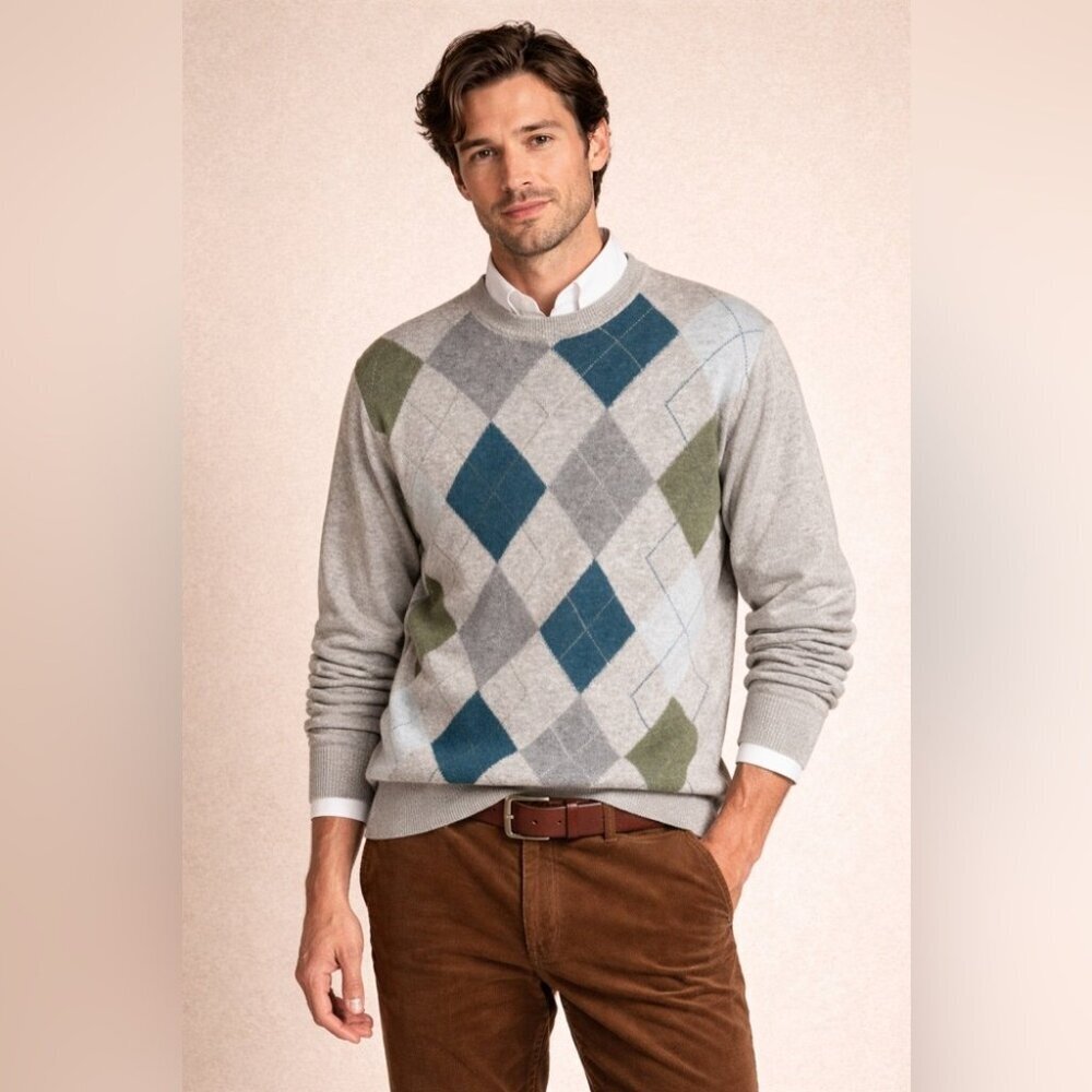 Grey Argyle Print Wool Blend Sweater Size XL Cozy Grandpa Preppy Knit Academia